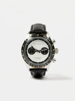 Black Leather Strap Watch with White Dial