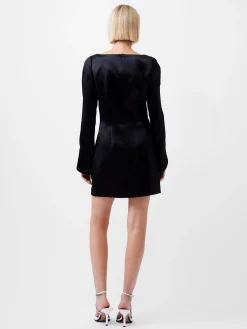 Structured Satin Long Sleeve Scoop Neck Mini Dress