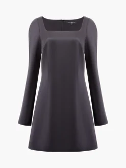 Structured Satin Long Sleeve Scoop Neck Mini Dress
